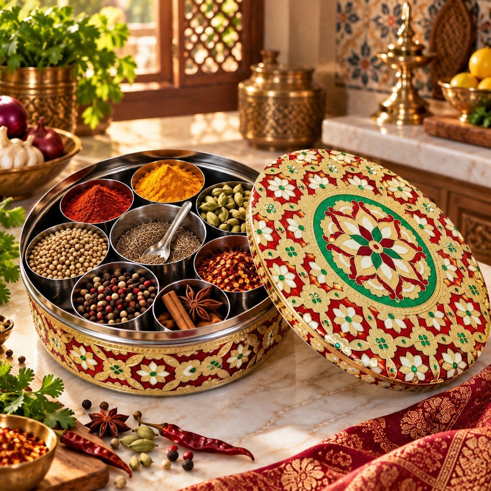 Dolly Mumma Spice Box 8in Red Gold Floral Mandala Masala Dabba Stainless Steel